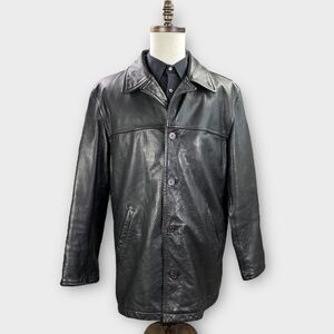 VINTAGE J Crew Jacket Mens Large Black Leather Wool Lined Quilted Heavy Coat